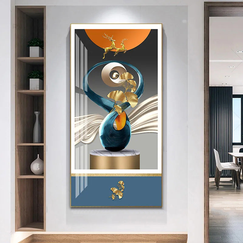 Auspicious Golden Deer Abstract Geometrical Landscape Wall Art Vertical Format Pictures For Entrance Hallway Home Office Decor