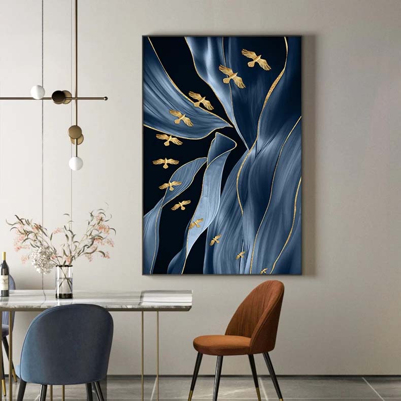 Blue Floral Abstract Golden Birds Butterflies Wall Art Fine Art Canvas Prints Modern Pictures For Luxury Living Room Bedroom Home Decor